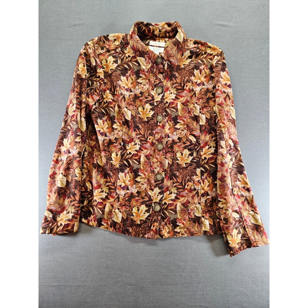 Christopher & Banks Womens Medium Autumn Leaf Print Stretch Velvet Jacket Brown